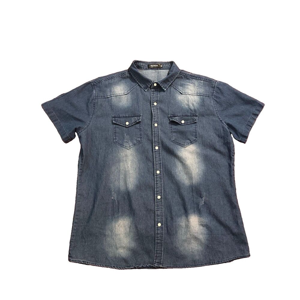 Women’s Denim Shirt Size XL Pearl Snap Distress Short Sleeve Blue Y2K Western